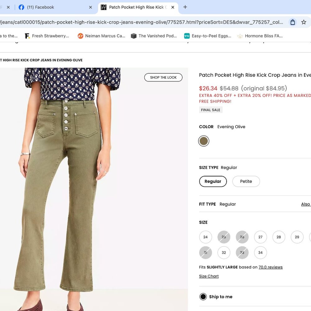 LOFT Patch Pocket High Rise Kick Crop Jeans in Evening Olive - Size 14